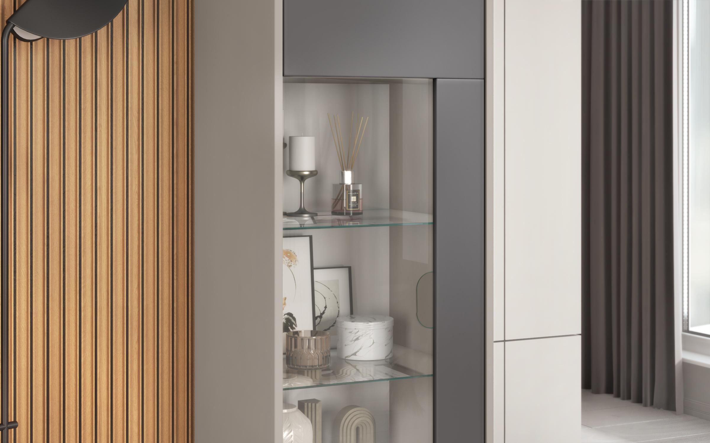 Biblioteca vitrina Pier L + MDF, nisipiu mat + grafit  3